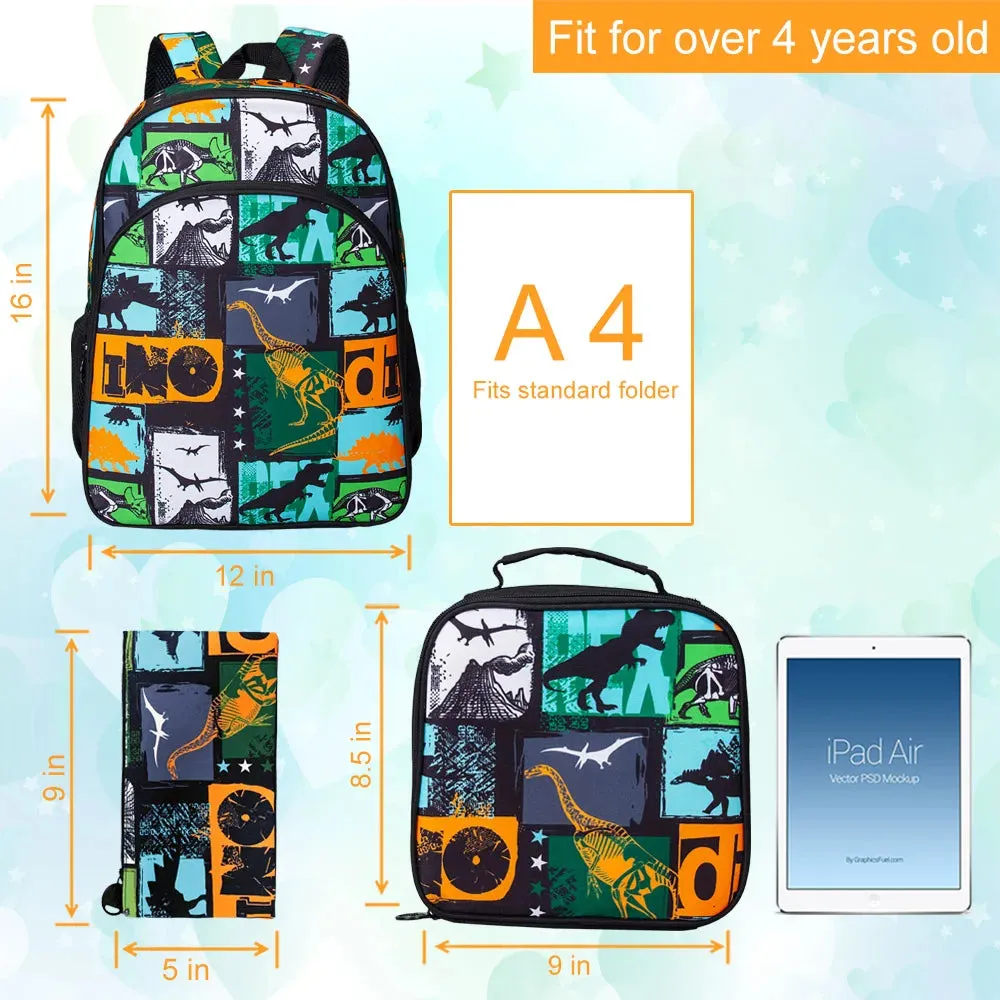 3 Piece Dinosaur Backpack Set For Boys 16 Bookbag Lunch Box For Kindergarten