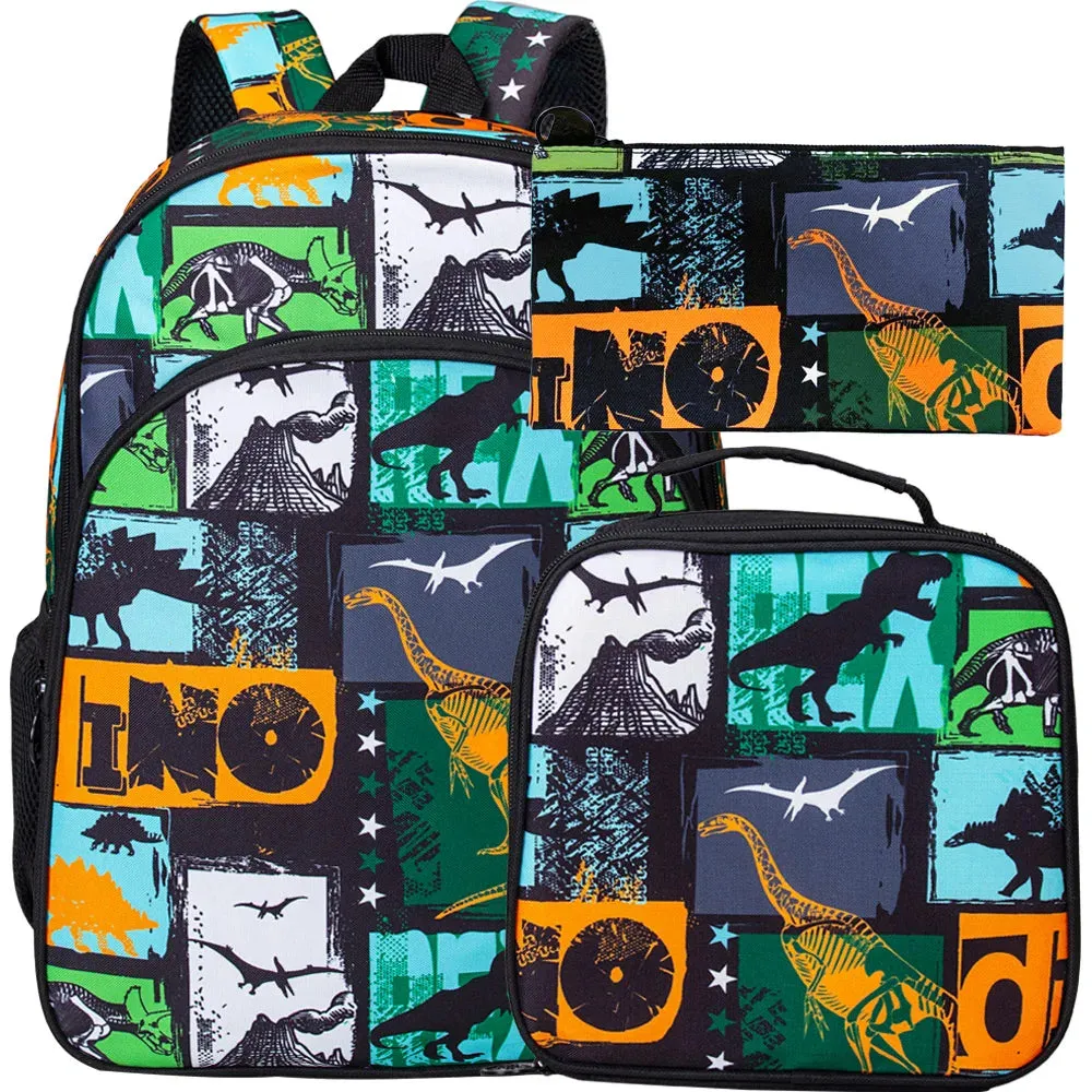 3 Piece Dinosaur Backpack Set For Boys 16 Bookbag Lunch Box For Kindergarten