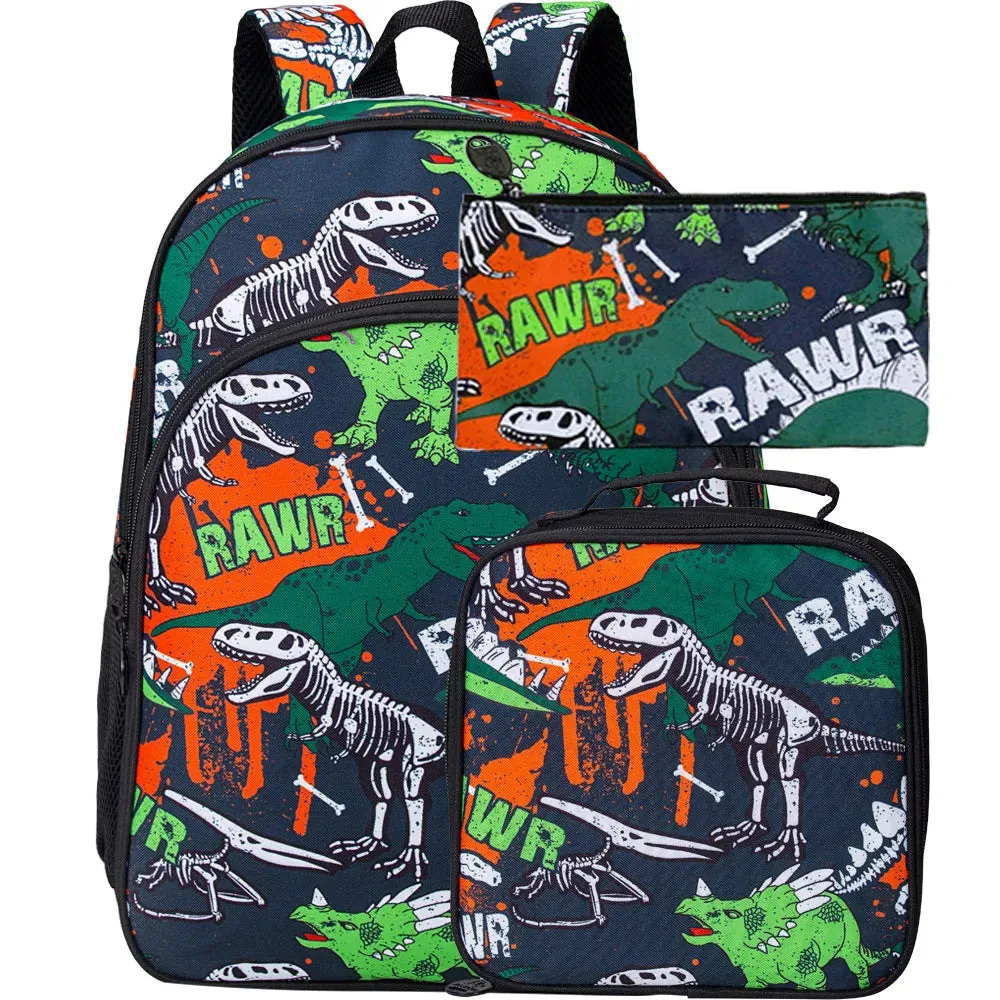 3 Piece Dinosaur Backpack Set For Boys 16 Bookbag Lunch Box For Kindergarten