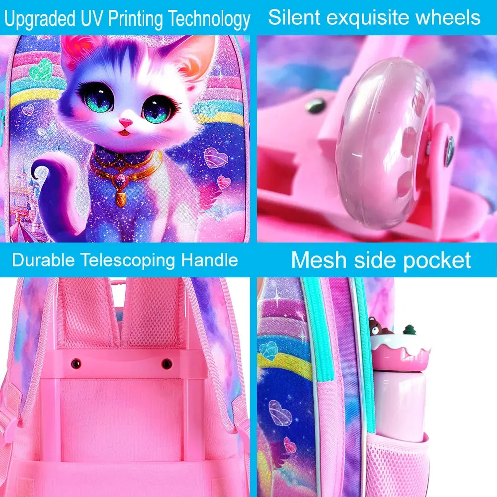 3 Piece Girls Rolling Backpack Set With Lunch Bag Diamond Cat