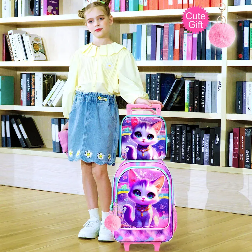 3 Piece Girls Rolling Backpack Set With Lunch Bag Diamond Cat