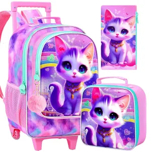 3 Piece Girls Rolling Backpack Set With Lunch Bag Diamond Cat