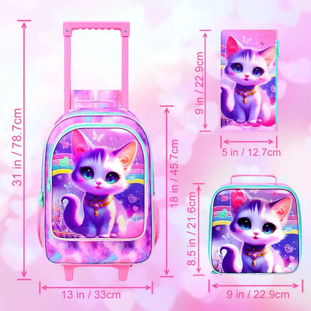 3 Piece Girls Rolling Backpack Set With Lunch Bag Diamond Cat
