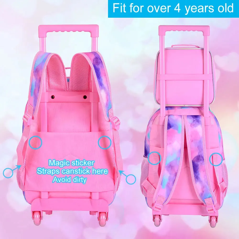3 Piece Girls Rolling Backpack Set With Lunch Bag Diamond Cat