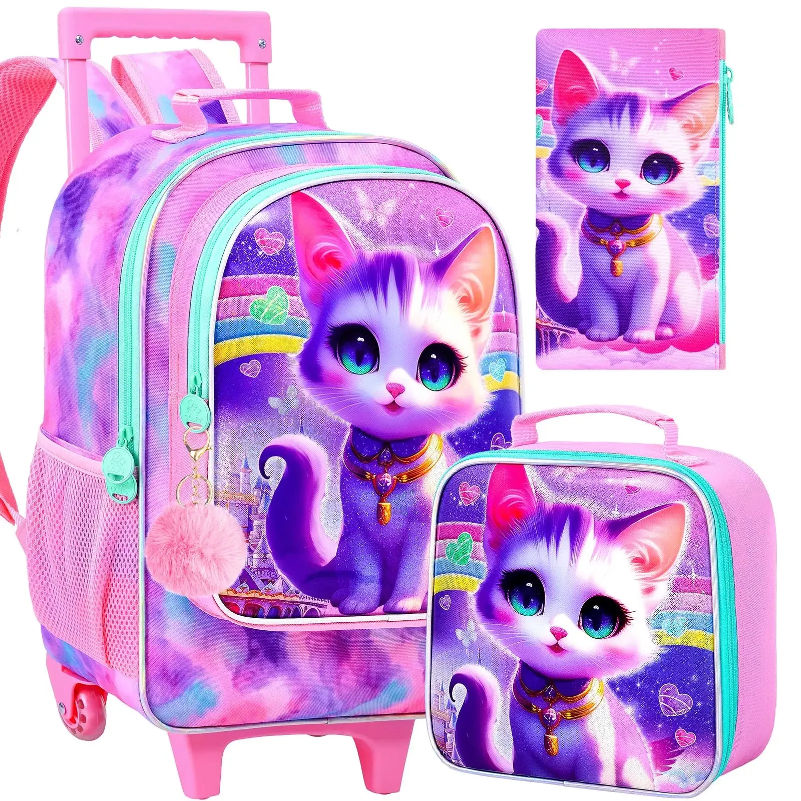 3 Piece Girls Rolling Backpack Set With Lunch Bag Diamond Cat