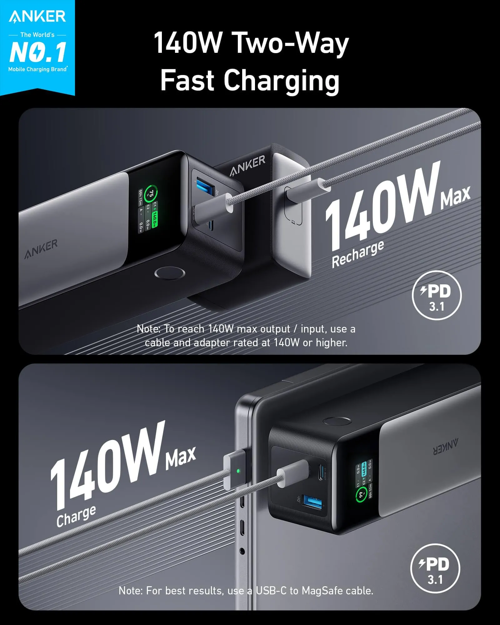 Anker 737 Power Bank, 24,000mAh 3-Port Laptop Portable Charger with 140W Fast Charging, Smart Display, for Outdoor Work, Compatible with iPhone 16/15/14 Series, Vision Pro, Samsung, MacBook, and More