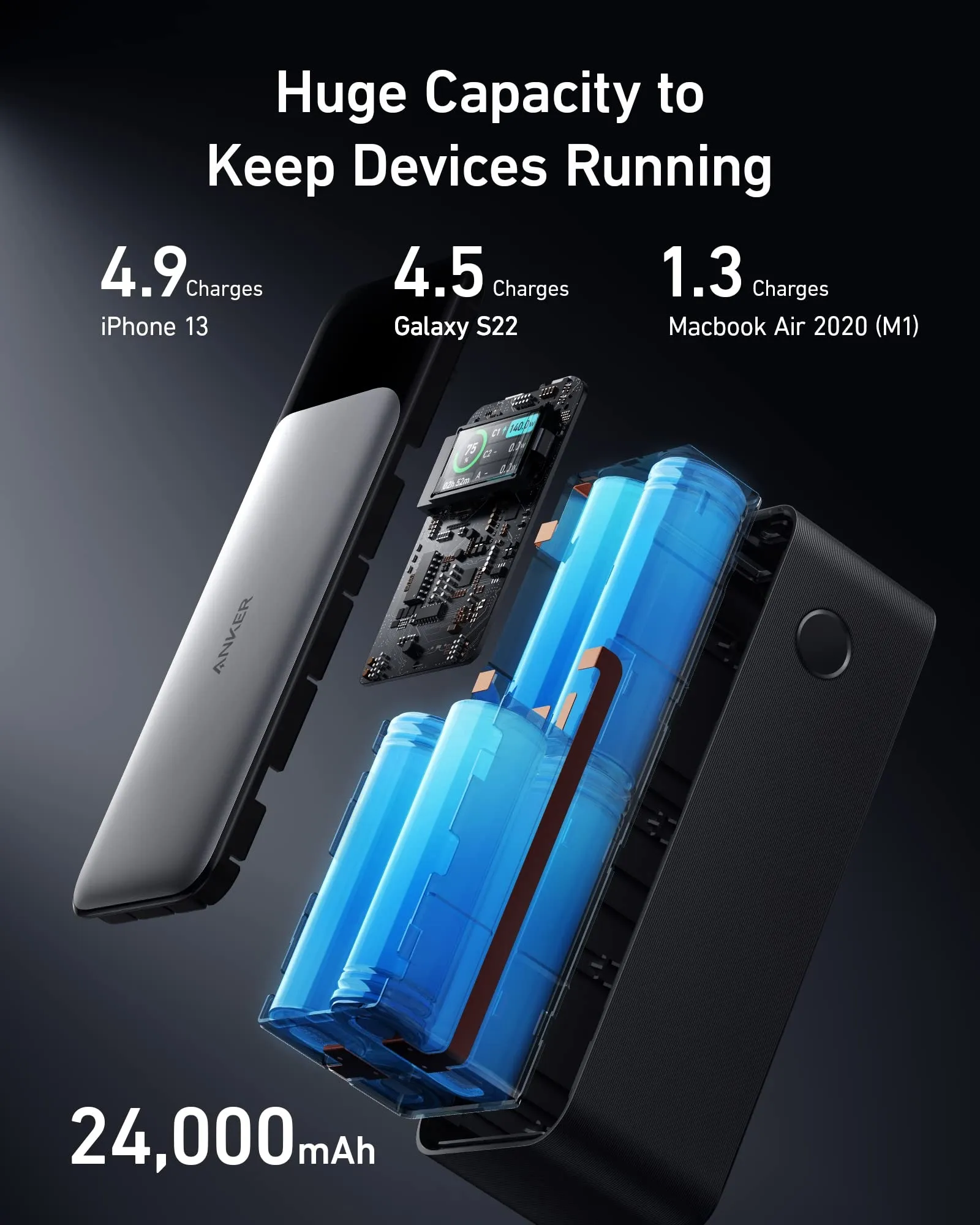 Anker 737 Power Bank, 24,000mAh 3-Port Laptop Portable Charger with 140W Fast Charging, Smart Display, for Outdoor Work, Compatible with iPhone 16/15/14 Series, Vision Pro, Samsung, MacBook, and More